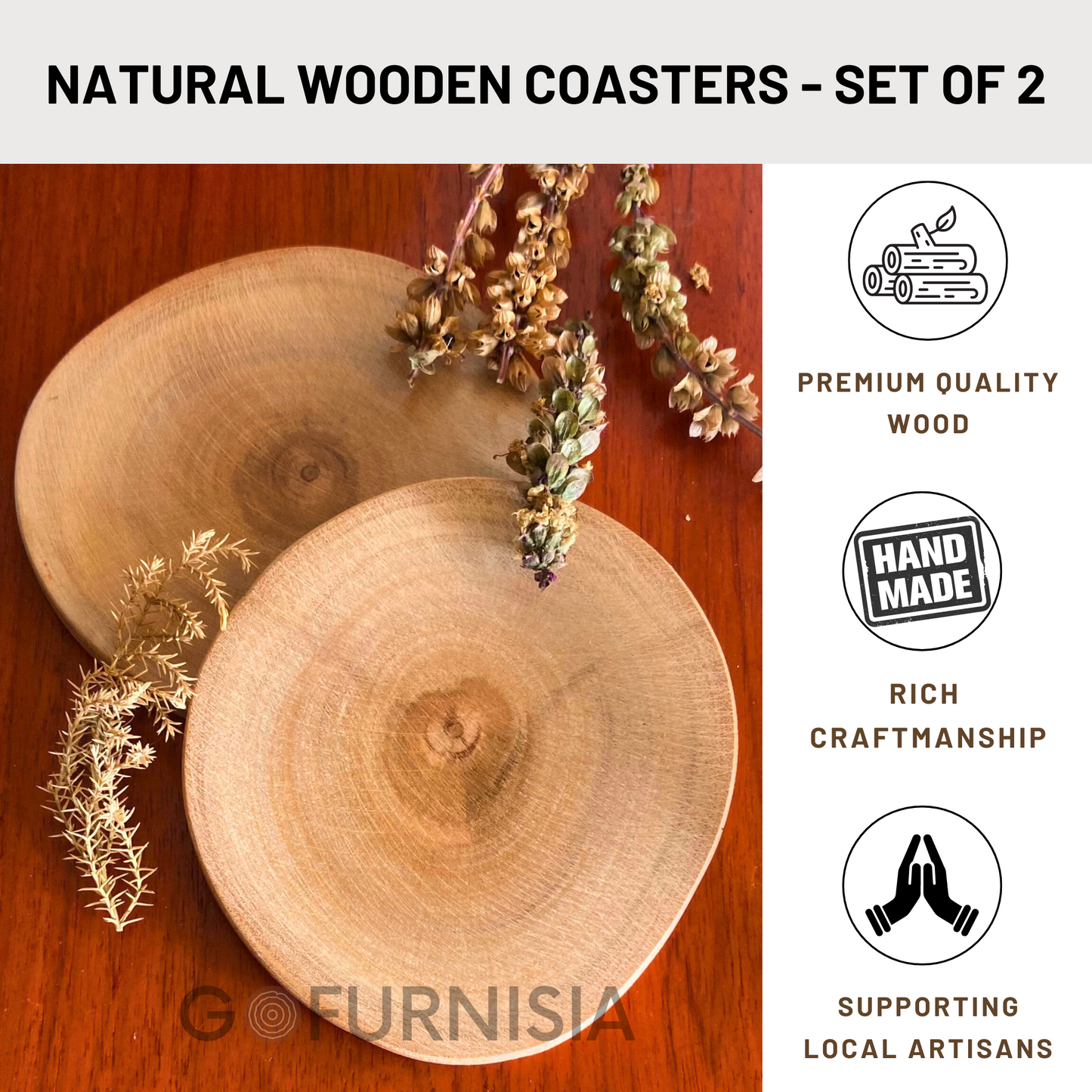 GOFURNISIA ® Rustic Natural Round Wooden Coaster Set of 2, Finished Edge, Natural Wood Color, 4 * 4 Inch