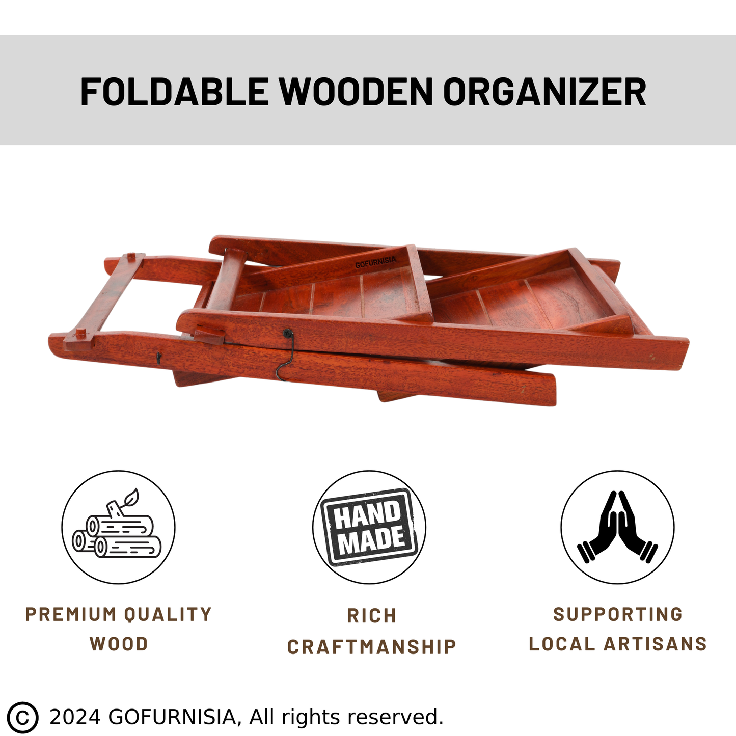 GOFURNISIA ® Premium Wooden Organizer | Foldable | 2 Rack Serving Tray | Dining Table Wooden Tray | Spice Rack | Handcrafted Home Decor Display (16x8.5x12 Inch) | Mahogany Finish