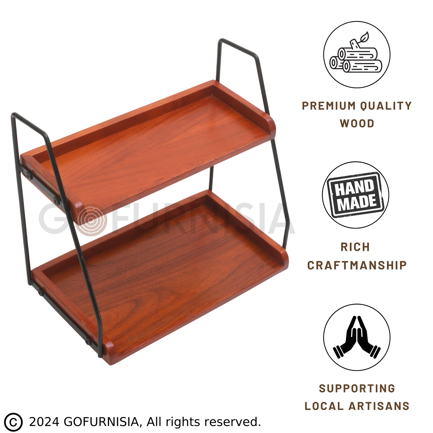 Gofurnisia Premium  Kitchen Organizer Wooden Storage Rack | Solid Wood 2 Shelf Countertop Spice Rack/Oil/Bar Rack | 1 Year Warranty | Diy | Handcrafted In India - Tiered Shelf