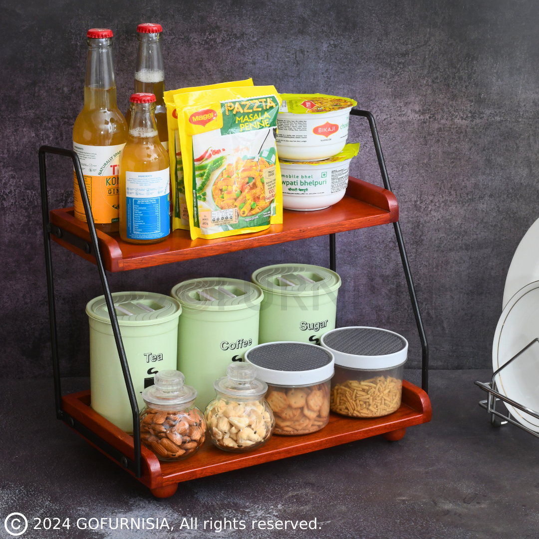 Gofurnisia Premium  Kitchen Organizer Wooden Storage Rack | Solid Wood 2 Shelf Countertop Spice Rack/Oil/Bar Rack | 1 Year Warranty | Diy | Handcrafted In India - Tiered Shelf