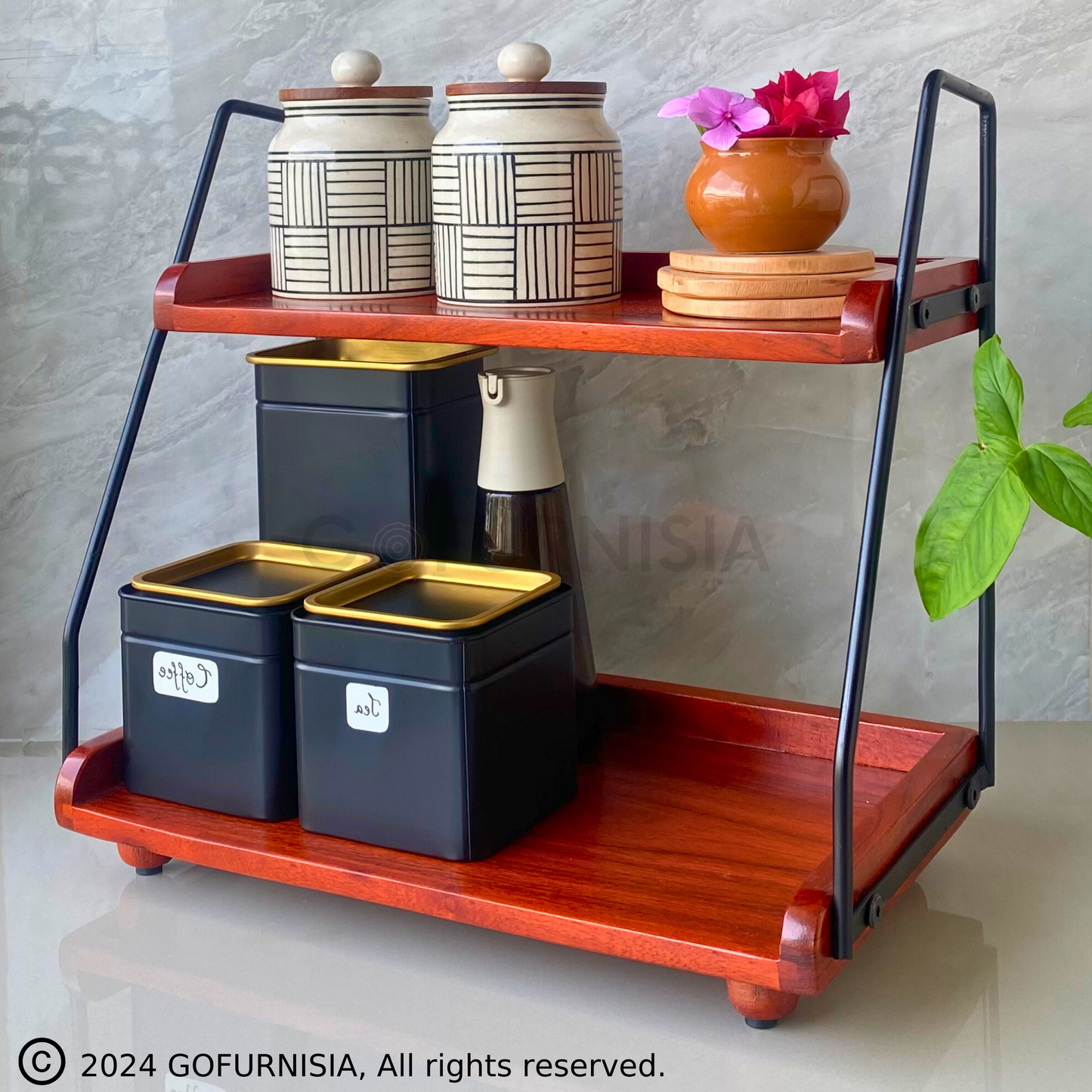 Gofurnisia Premium  Kitchen Organizer Wooden Storage Rack | Solid Wood 2 Shelf Countertop Spice Rack/Oil/Bar Rack | 1 Year Warranty | Diy | Handcrafted In India - Tiered Shelf